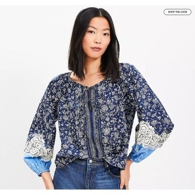 New LOFT Blouse Large Blue Paisley Crochet Lace Balloon Sleeve Boho Festival