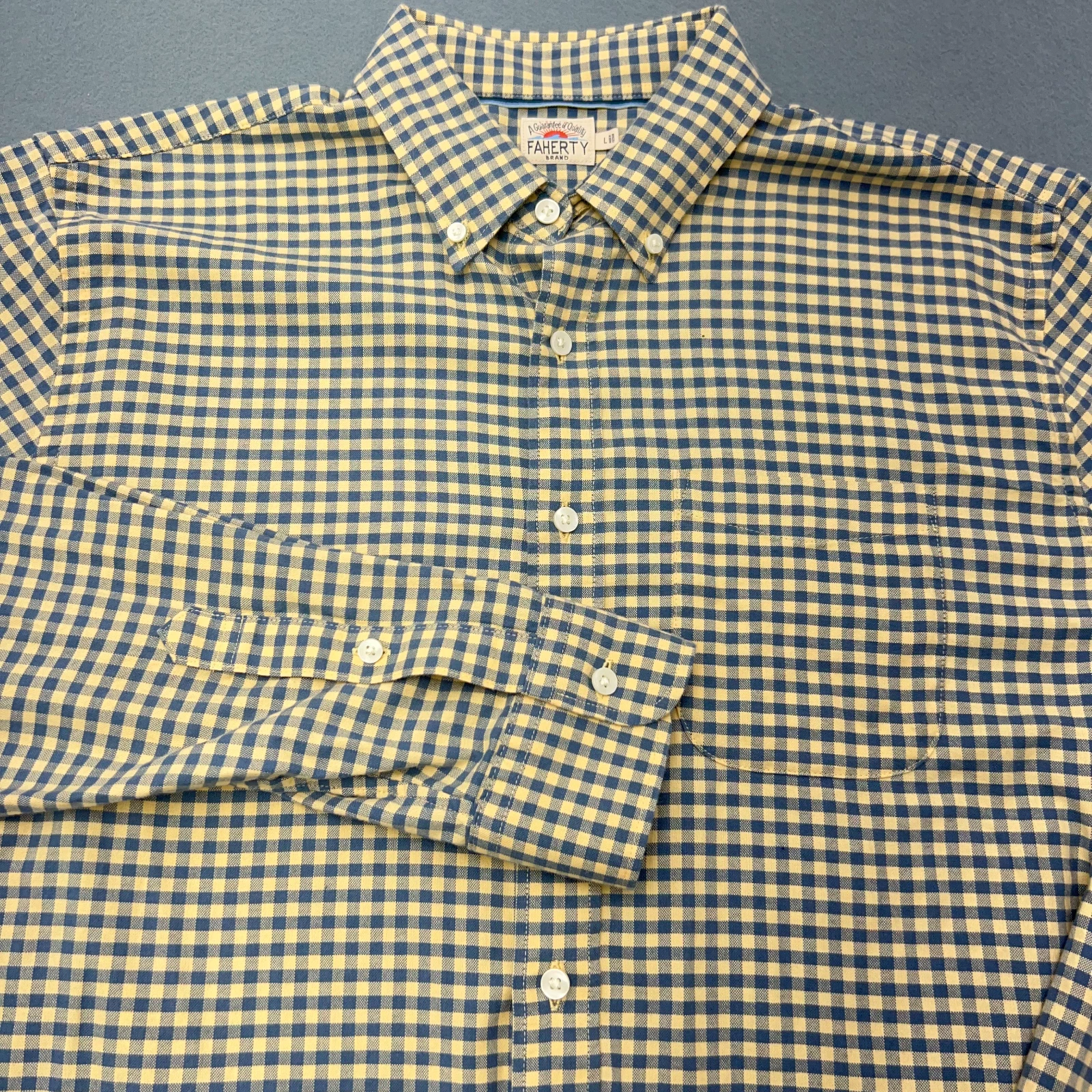 Faherty Flannel Mens Large Yellow Blue Plaid Check Hiking Cotton Long Sleeve