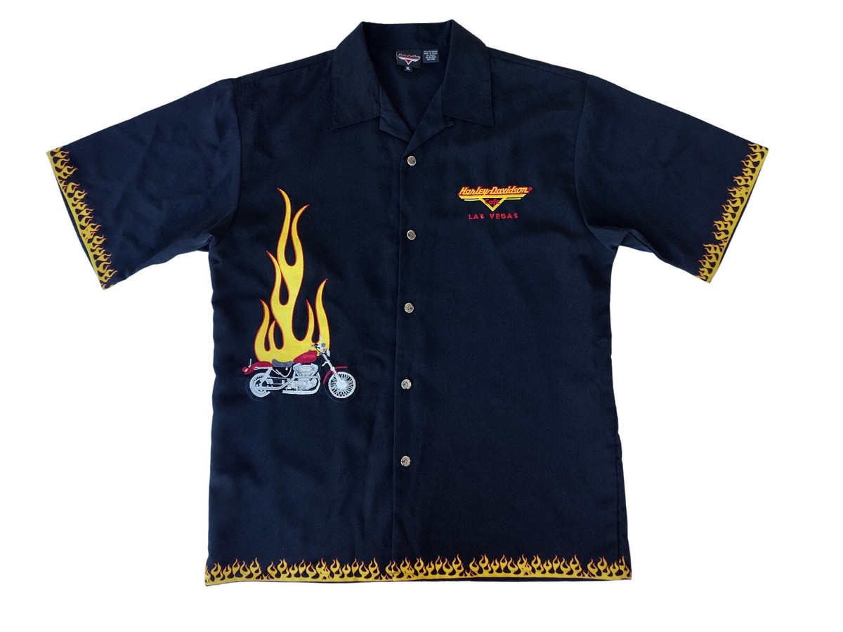 Rare VTG Harley Davidson Button Up EMB SS Flame Motorcycle Bike