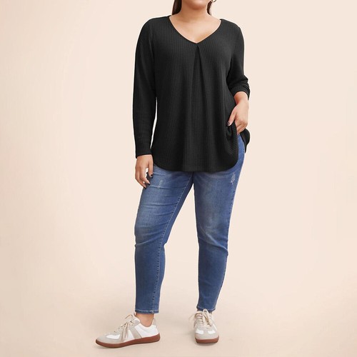 Plus Size Women V Neck Pullover Tops Long Sleeve Casual Loose Jumper T-shirt - Picture 14 of 21