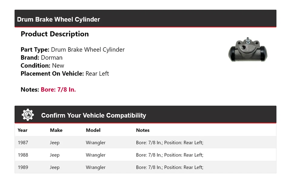 Cilindro de rueda de freno de tambor trasero izquierdo 1988 para Jeep Wrangler Dorman 1987-1989 Foto 2 de 3