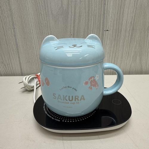 Sakura Lidded Breakfast Cup 55 Coffee Tea Blue Cat Warming Plate Thermo Coaster