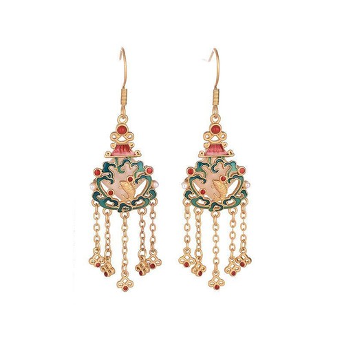 Ancient Jade Ear Jewelry Fish House Ethnic Style Hetian Jade Drop Earrings Women - Picture 5 of 5