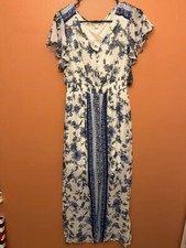NY&C NWT Long Maxi Dress White w Blue Floral Print Hem BOHO Sz 2 MSRP $79.95