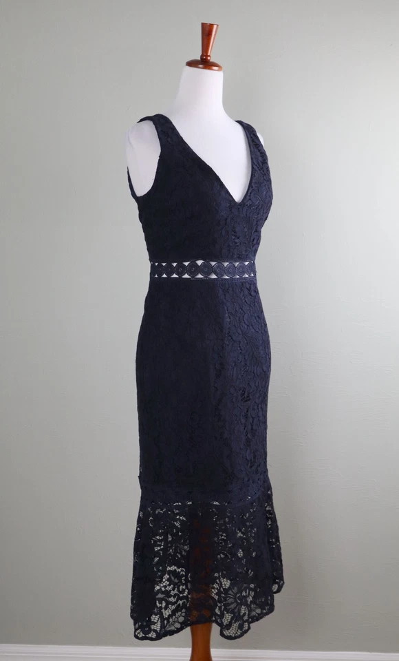 BARDOT $128 Navy Lace Sheer Waist Flounce Mermaid Midi Dress Size US 8 / Medium - Image 2 of 4