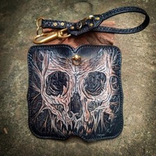 Handmade carved skull leather wallet, Long bifold men wallet, Biker chain wallet