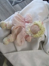 Vintage Eden Plush Baby Girl Doll Pink White Eyelet Dress Bonnet Yarn Hair 10"