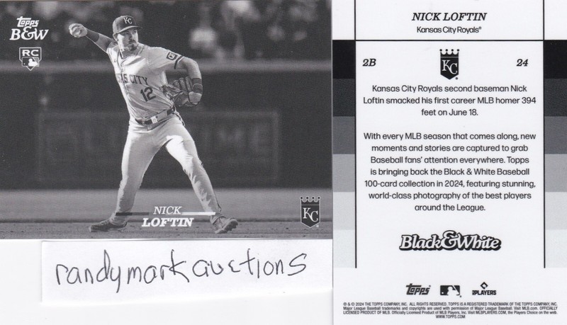 Nick Loftin KANSAS CITY ROYALS TOPPS 2024 BLACK & WHITE B&W Base Card 24 RC