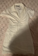 zara white shirt linen dress circle hole tummy body con pencil short sz xs bnwt