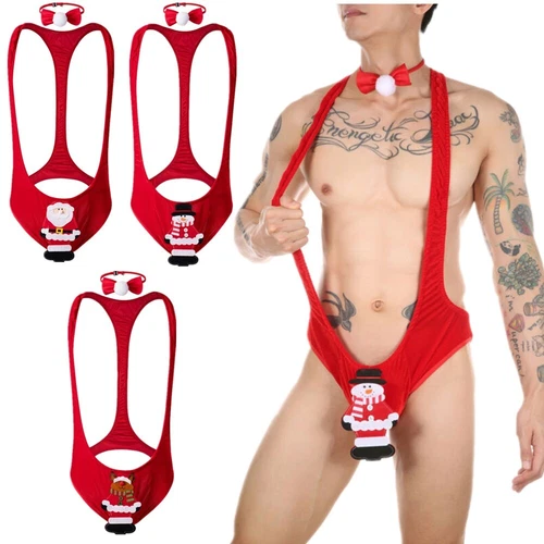 Men Jumpsuit Bodysuit Christmas Underwear Santa Claus Sexy Mankini with Bow Tie - Picture 3 of 27