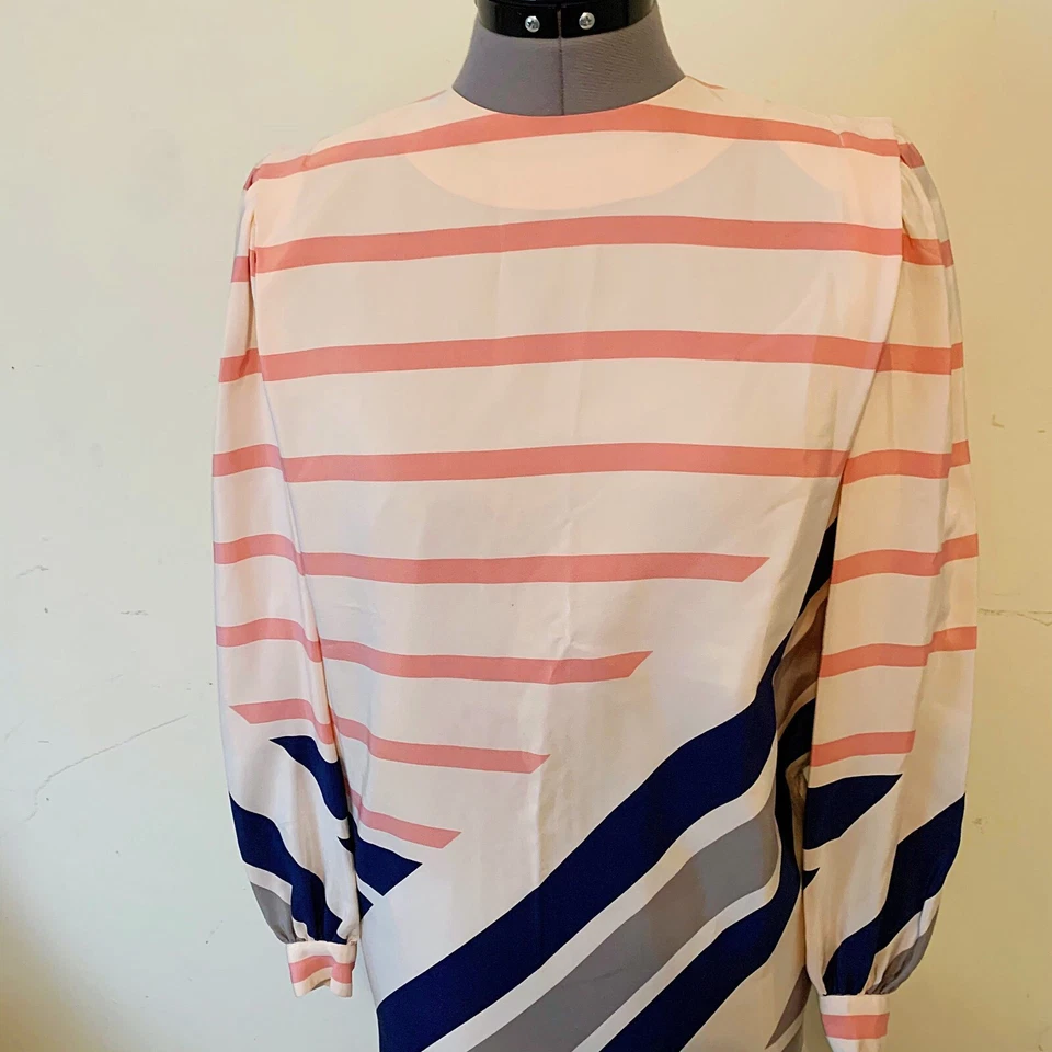 PEQUEÑO Talla 6 | Vestido de Seda Francesca of Damon Rosa Rayas Estampado Geométrico Años 80 Foto 3 de 4