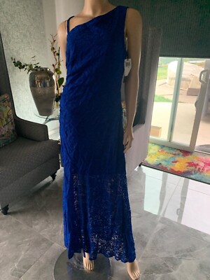 David Meister Women’s Dress Royal Blue Fitted One Shoulder lace Gown Sz 14 