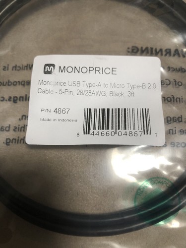 3ft USB Type-A to Micro Type-B 2.0 28/28AWG Cable Monoprice 4867 - Picture 2 of 3