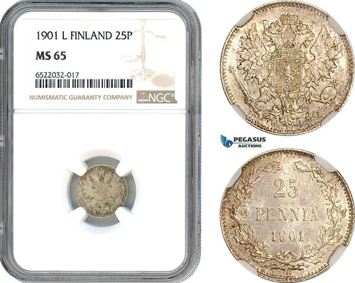 AI059, Finland, Nicholas II. of Russia, 25 Penniä 1901 L, Helsinki Mint NGC MS65