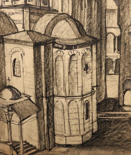 Vintage original charcoal drawing landscape with church cityscape - Imagen 10 de 12
