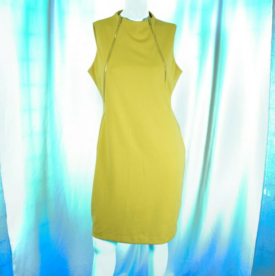 CALVIN KLEIN Yellow Lime Solid Gold Zippers Rayon Blend Women Dress Size 12 - Image 2 of 4