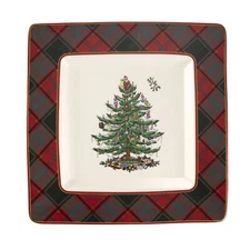 Spode 10" Christmas Tree Tartan Square Platter - Festive Holiday Serving Platter