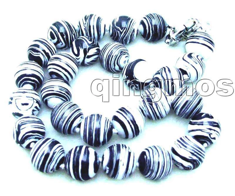 Collar gargantillas redondas de ágata a rayas de cebra negra de 14 mm de 18" para mujer joyería fina Foto 2 de 3