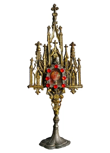 ANTIQUE PEWTER GOTHIC IHS LUNA PRIESTS ALTAR TABLE CHAMBER MONSTRANCE