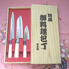 Japanese Kitchen Knife Set of 3 Yanagiba Santoku Ko Deba Hammered Seki Tohei