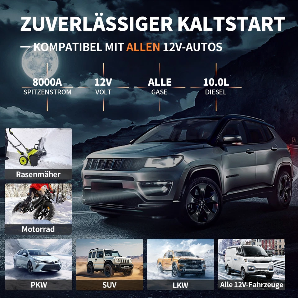 Caricabatteria avviamento auto 8000A Jump Starter Powerbank auto con compressore d'aria DE - Immagine 2 di 4