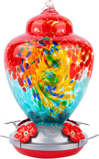 Hummingbird Feeder with Perch - Hand Blown Glass - 38 Fluid Ounces Hummingbird N
