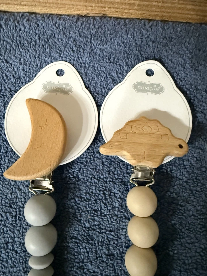 X 2 New Mudpie Silicone Pacifier Clip Wooden Dino And Moon Pacy Cream & Blue - Image 3 of 4