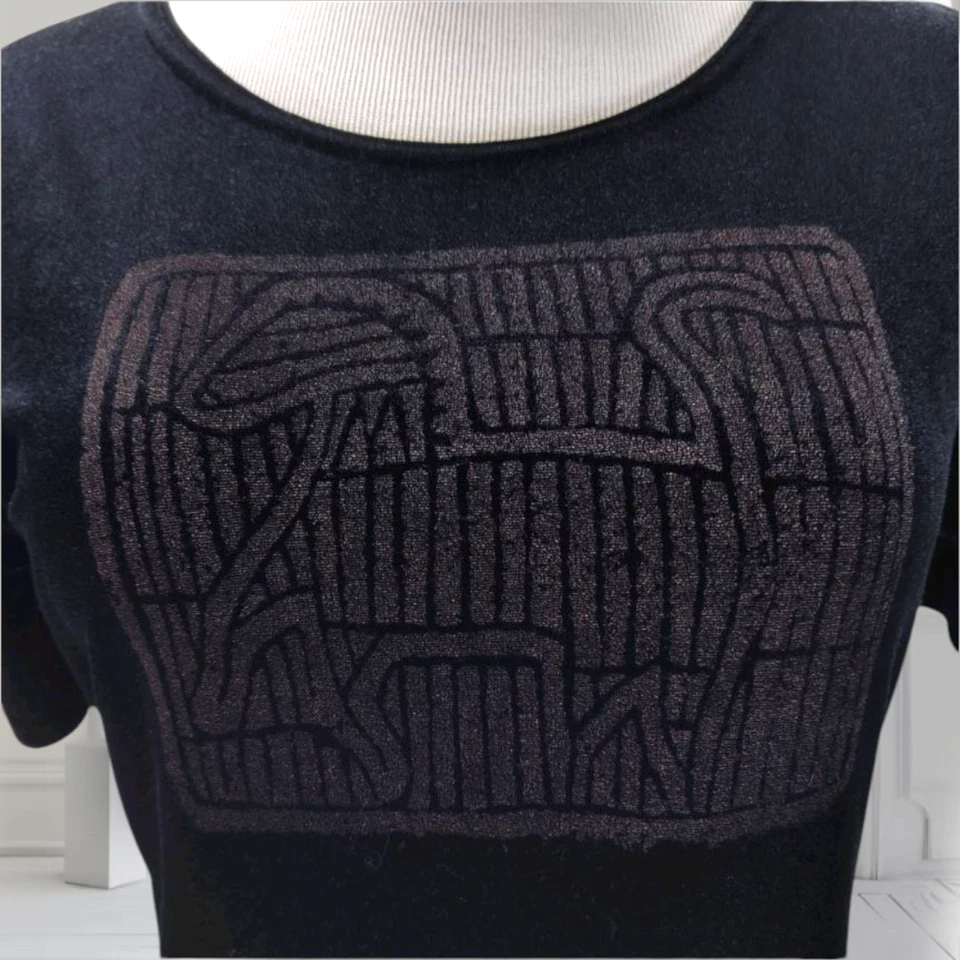 Vintage 90s Black Velvet Maxi Dress Size M Stretch Tribal Glitter Graphic USA - Image 2 of 4