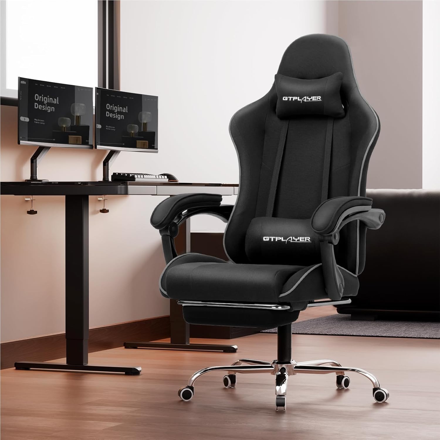 GTPLAYER Gaming Chair All Black Fabric, Footrest, Headrest & Lumbar Support