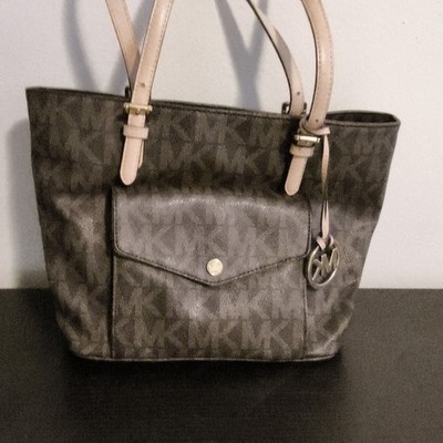 Michael Kors Logo Tote Bag Brown Medium Zip Top Beige Double Handles Charm