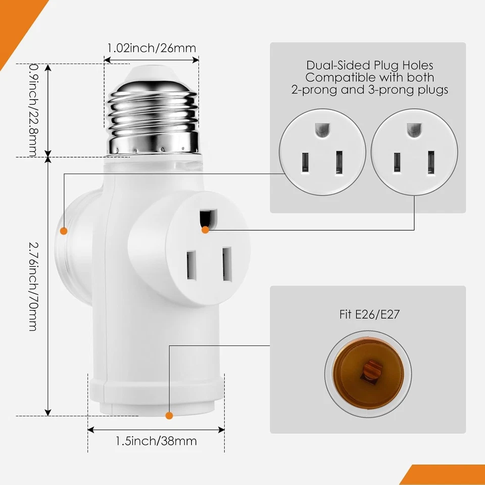 Light Socket Outlet Adapter, Update to 3 Prong Plug Splitter with Waterproof and - Image 2 of 4
