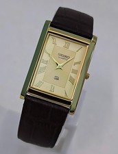 Vintage Style Seiko Slim Quartz Golden Dial Japanese Wristwatch for Men