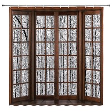 Winter Snow Scene Shower Curtain Forest Snowflake Wooden Window Natural Chris...