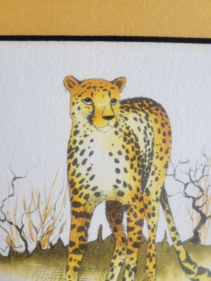 Acuarela Cheeta Original Vintage Enmarcada Firmada y Enmarcada 10.25x10.75" Foto 2 de 4