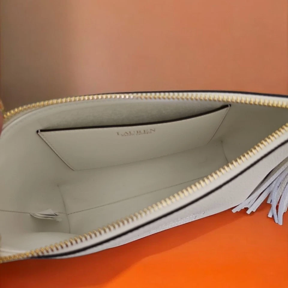 Ralph Lauren Cream Leather Cosmetic Pouch with Tassel Gold Hardware Makeup Bag - Image 3 of 4