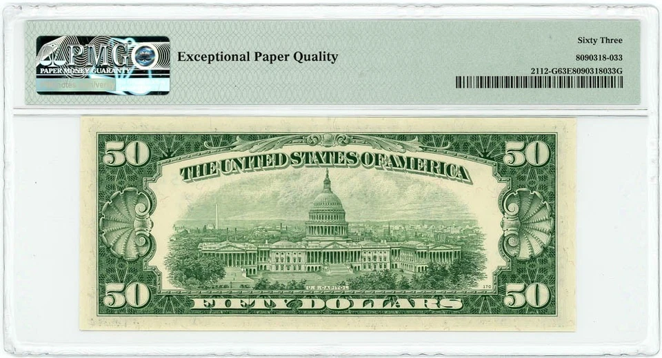 FR.2112-G $50 1950E Federal Reserve Note Chicago Ch Unc 63 EPQ PMG 950682-2 - Image 2 of 3