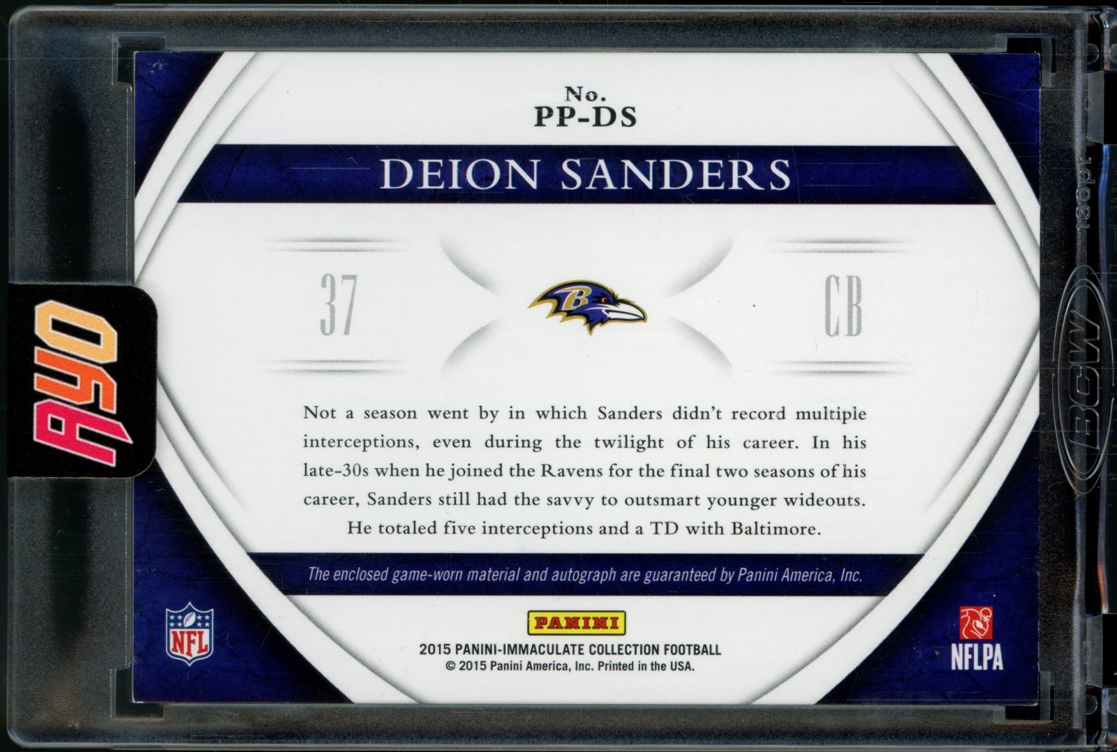 2015 Panini Immaculate Deion Sanders #PP-DS Premium Game-Worn Patch Auto #'d /25 view 2