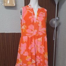 Orange Pink Yellow Floral Sleeveless Midi Sundress, Woven Ruffle Accent, Size