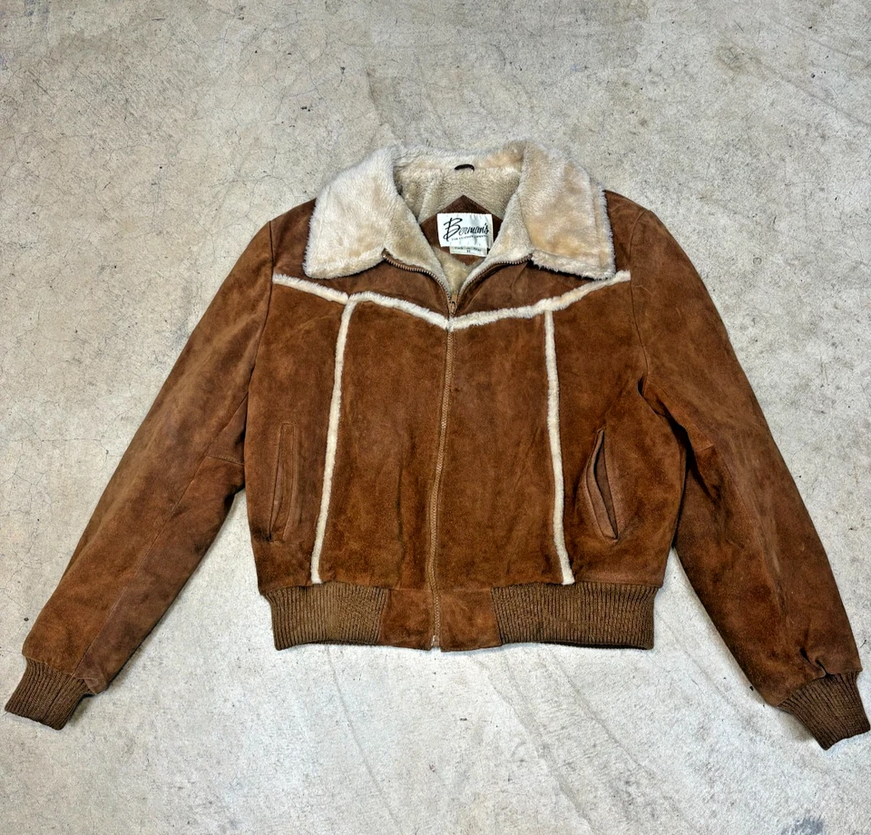 Chaqueta de aviador bombardero de gamuza genuina marrón forrada en piel de oveja Bernard’s vintage L-XL Foto 3 de 4