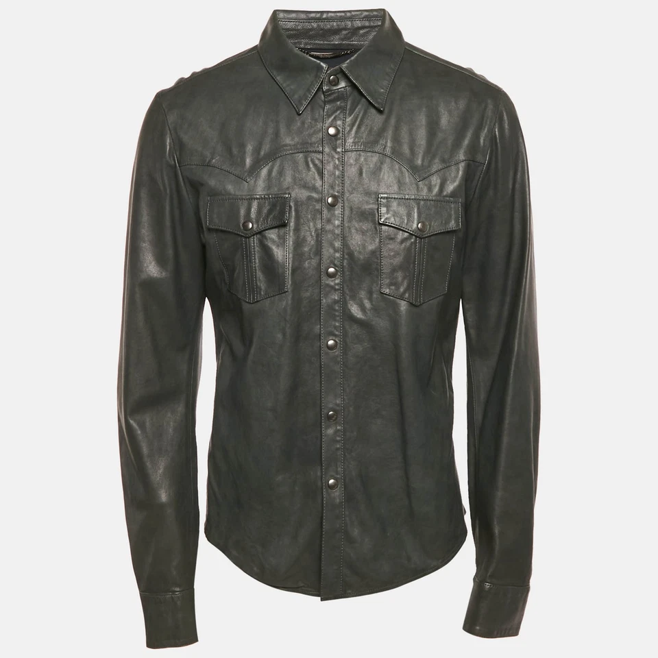 Camisa Dolce & Gabbana verde couro real botão frontal GG
