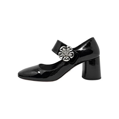 Prada Black Patent Mary Jane Heels Silver Buckle Block Pumps 38.5