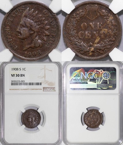 1908-S 1c Indian Head Cent NGC VF 30 - Picture 5 of 5