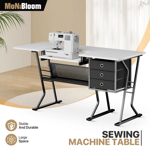 Folding Sewing Machine Table Adjustable Height Art Craft White w/Drawer Storage