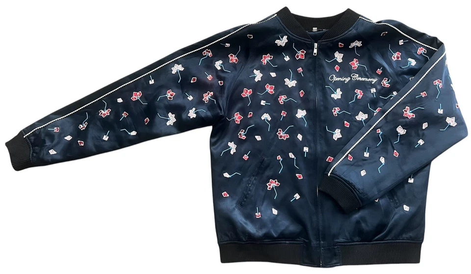 Chaqueta Bomber Ceremonia de Apertura Embellecida Floral Lentejuelas Azul Marino Seda Talla L Foto 4 de 4