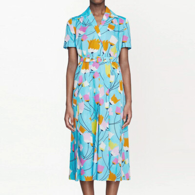 GUCCI ‎657935ZAGVN Tulip Print Pleated Midi Dress Cotton Linen