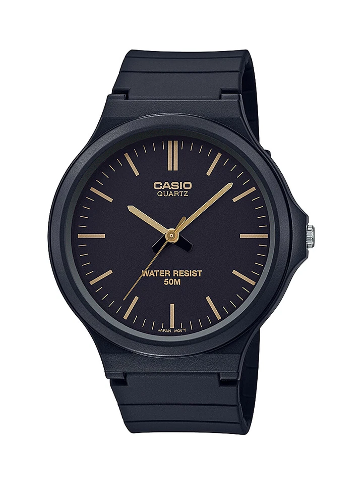 Reloj Casio Hombre Cuarzo Correa Resina Negra Índices Tono Dorado 44mm MW240-1E2V