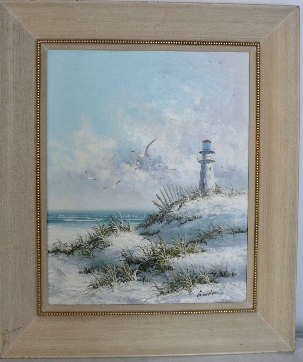 OIL PAINTING SIGNED GORDON SEASCAPE LIGHTHOUSE OCEAN SEA GULLS | eBay