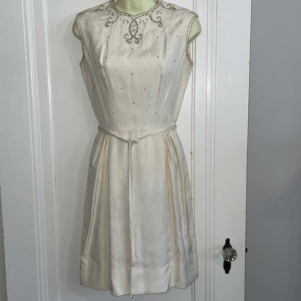 cream 50s dress Vintage 50s Carlye cream/ivory beaded bodice fitted dressy dress