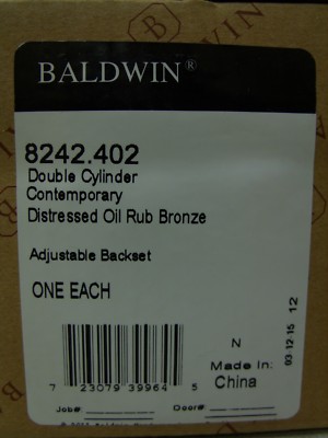 Neu Baldwin Hardware - Zeitgenössisch Doppel Zylinder Riegel Türschloss 8242.402