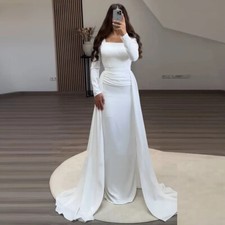 Square Neck Mermaid Wedding Dresses Long Sleeve Satin Bridal Gowns Sweep Train